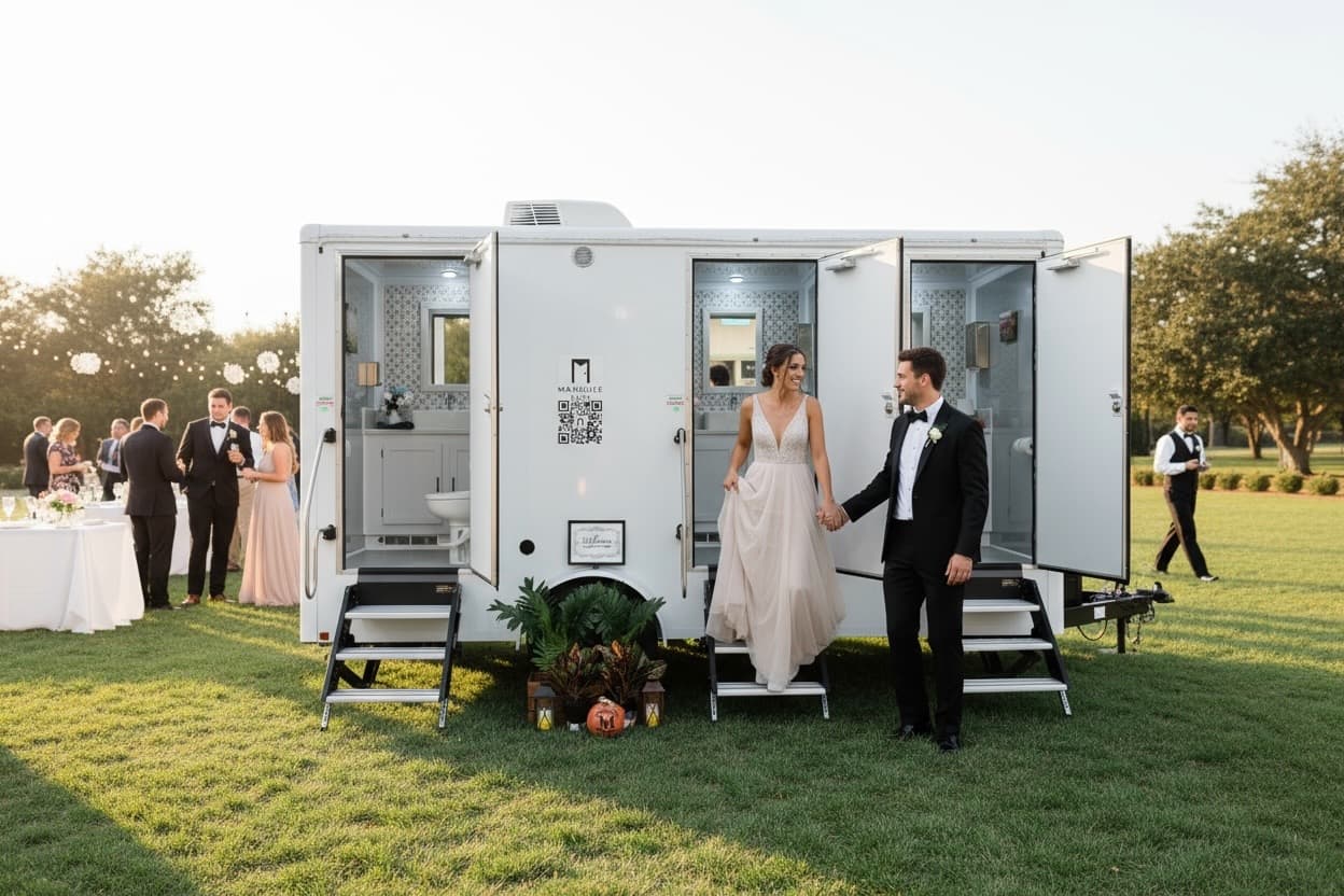The Marquee luxury restroom trailer at a wedding